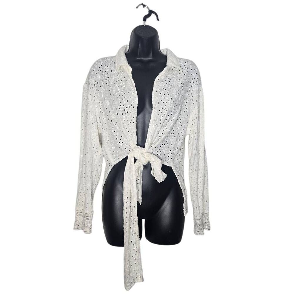 Surf Gypsy Eyelet Top Size Medium Lace Tie Front Beachy Cover Long Sleeve - Picture 2 of 8